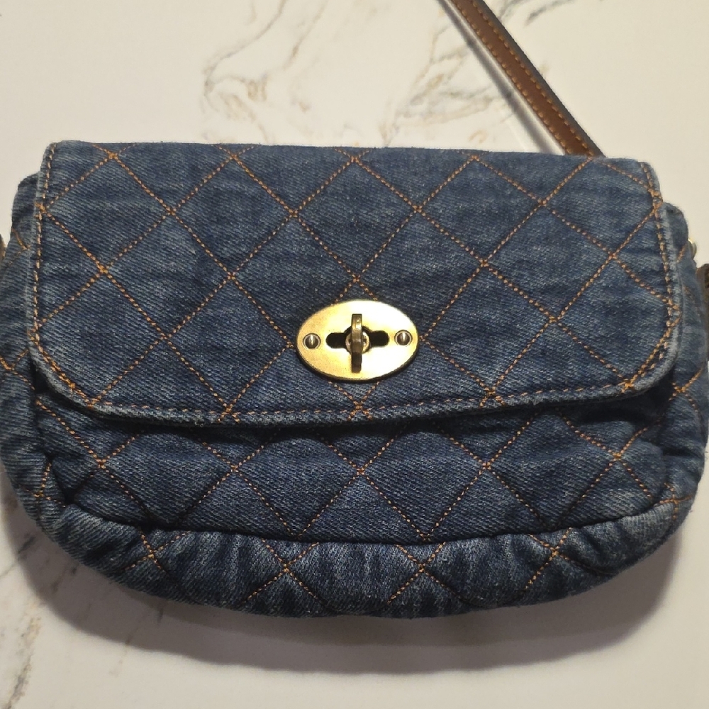 Quilted Denim Crossbody Bag in Blue